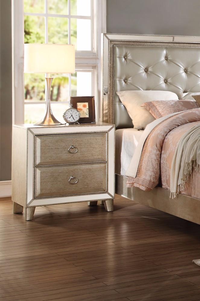 Contemporary 2 Drawers Wood Nightstand By Voeville, Gold-Nightstands and Bedside Tables-Gold-Pine Wood & Oak Veneer Mirror-JadeMoghul Inc.