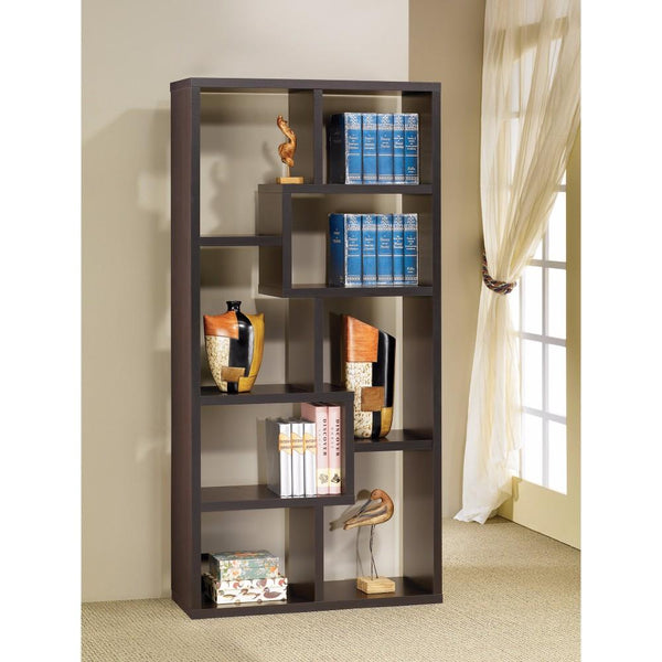 Contemporary Asymmetrical Cube Bookcase, Brown-Book Cases-BROWN-PAPER VENEER-JadeMoghul Inc.