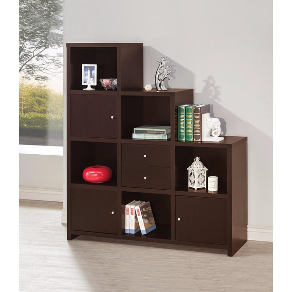 Contemporary Bookcase with Stair-like Design, brown-Book Cases-Brown-Wood-JadeMoghul Inc.