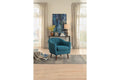 Contemporary Button Tufted Polyester Upholstered Wooden Accent Chair with Curved Back, Blue-Accent Chairs-Blue-Polyester and Wood-JadeMoghul Inc.