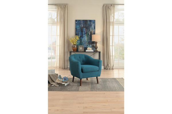 Contemporary Button Tufted Polyester Upholstered Wooden Accent Chair with Curved Back, Blue-Accent Chairs-Blue-Polyester and Wood-JadeMoghul Inc.