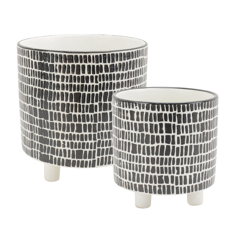 Contemporary Ceramic Geo Design Footed Planters with Cylindrical Shape, Multicolor, Set of Two