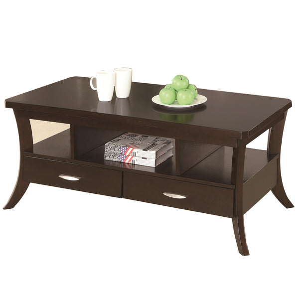 Contemporary Coffee Table With 2 Bottom Drawers & Open Shelves, Espresso Brown-Coffee Tables-Brown-Wood-JadeMoghul Inc.