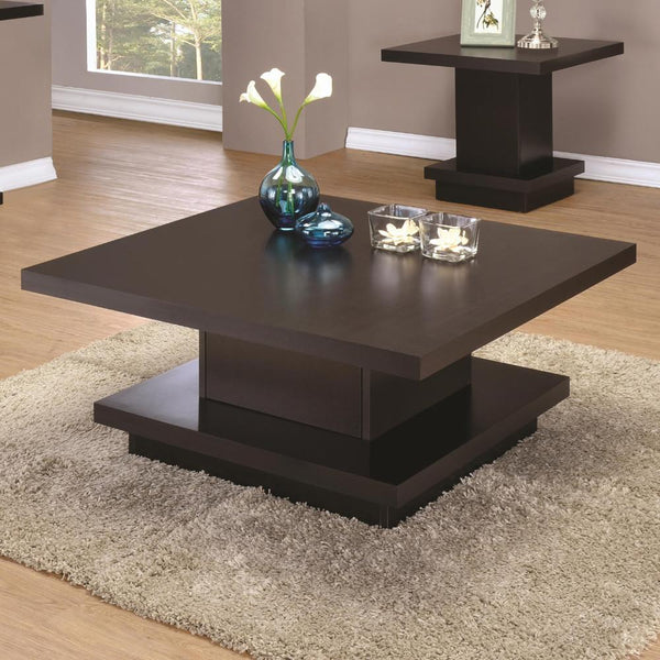 Contemporary Coffee Table With Storage Pedestal Base, Cappuccino Brown-Coffee Tables-Brown-Wood-JadeMoghul Inc.