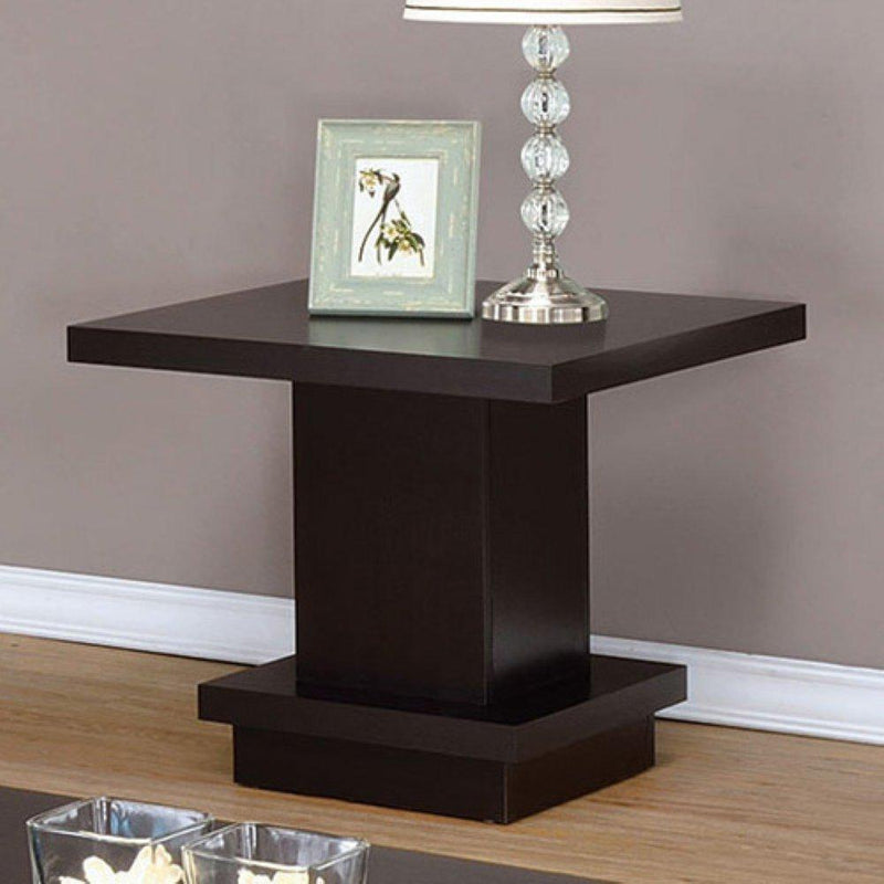 Contemporary End Table With Pedestal Base, Cappuccino Brown-End Tables-Brown-Wood-JadeMoghul Inc.