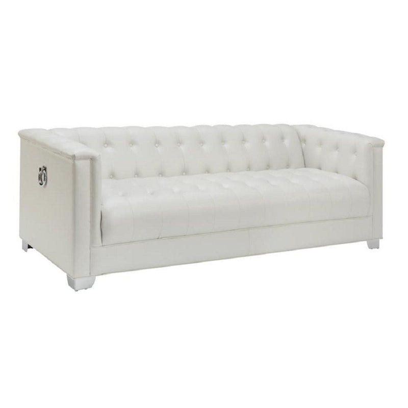 Contemporary Faux Leather & Metal Sofa With Doorknocker Handles, White