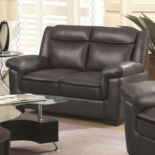 Contemporary Faux Leather & Wood Loveseat With Cushioned Armrests, Black-Living Room Furniture-Black-Faux Leather and Wood-JadeMoghul Inc.