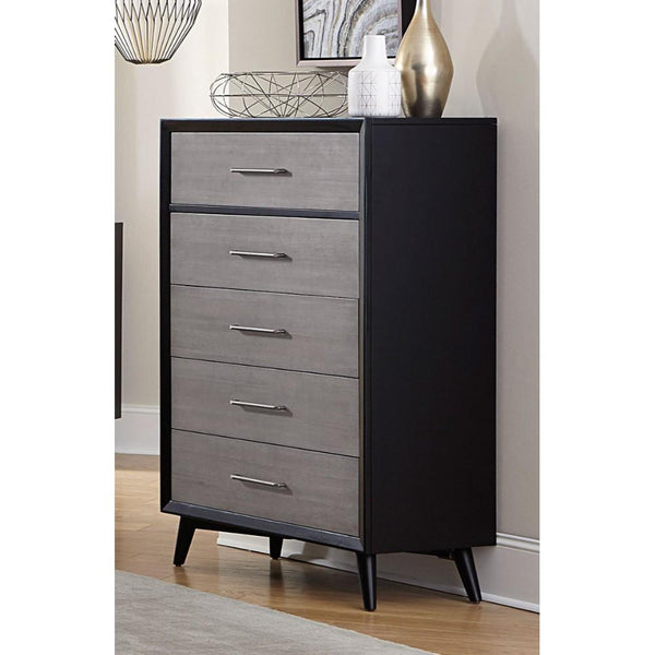 Contemporary Five Drawers Wood Chest with Metal Handles, Gray and Black-Cabinet and Storage Chests-Gray and Black-Wood and Metal-JadeMoghul Inc.