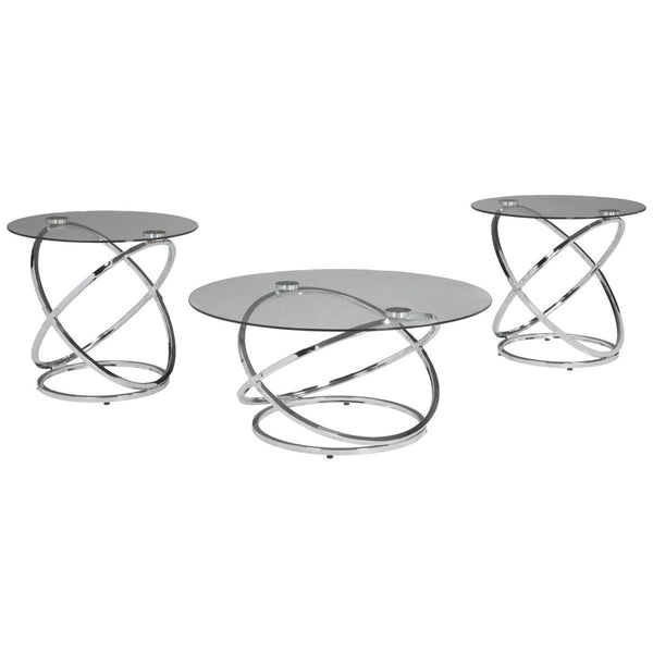 Contemporary Glass Top Table Set with Metal Rings Base, Clear and Silver-Accent Tables-Clear and Silver-Metal-JadeMoghul Inc.