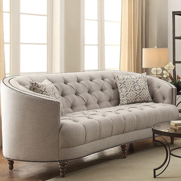 Contemporary Linen Like Fabric & Wood Sofa With Tufted Design, Gray-Living Room Furniture-Gray-Linen Like Fabric and Wood-JadeMoghul Inc.