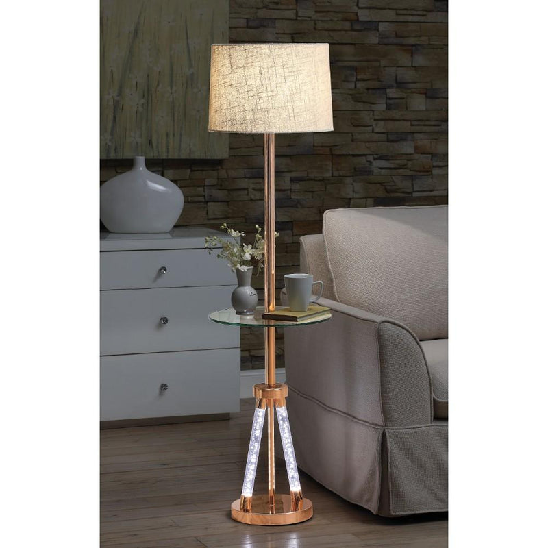 Contemporary Metal and Acrylic Floor Lamp with Drum Shade, Gold and Brown-Floor Lamp-Gold and Brown-Metal, Fabric and Acrylic-JadeMoghul Inc.