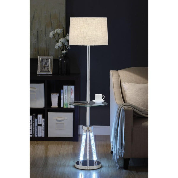 Contemporary Metal and Acrylic Floor Lamp with Glass Table, Silver and Brown-Floor Lamp-Silver and Brown-Metal, Fabric and Acrylic-JadeMoghul Inc.