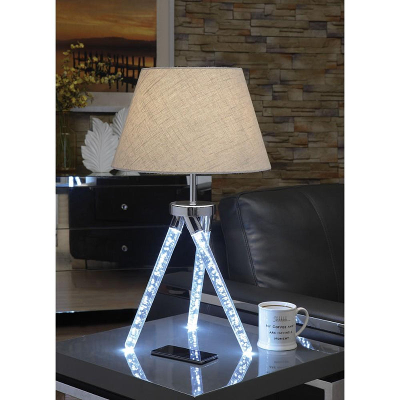 Contemporary Metal and Acrylic Table Lamp with Barrel Shade, Silver-Table & Desk Lamp-Silver-Metal, Fabric and Acrylic-JadeMoghul Inc.