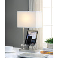 Contemporary Metal and Acrylic Table Lamp with Charging Dock, White and Silver-Table & Desk Lamp-Silver and White-Metal, Fabric and Acrylic-JadeMoghul Inc.