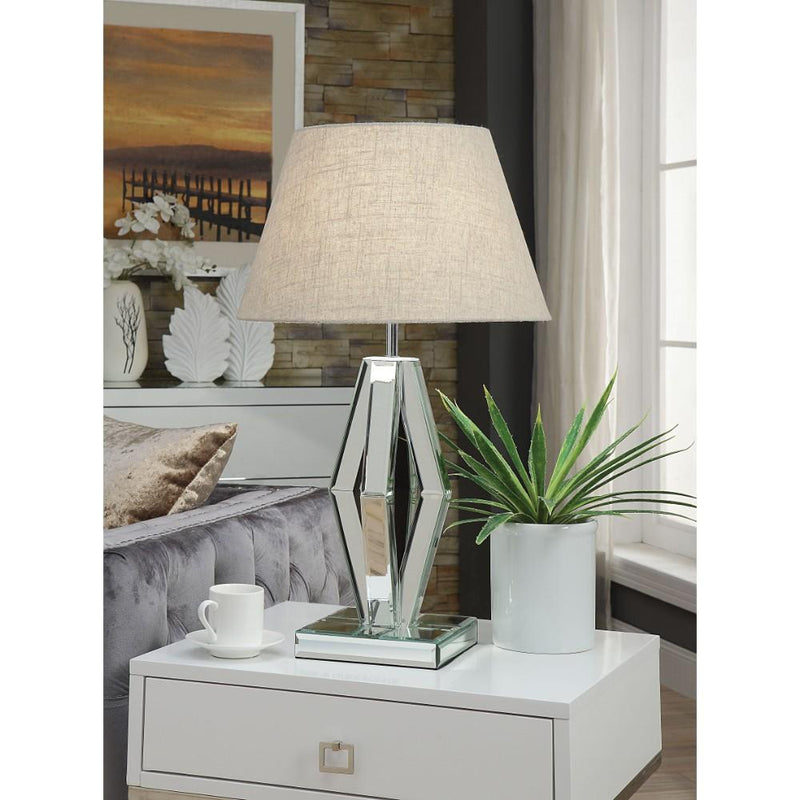 Contemporary Metal and Mirror Table Lamp with Diamond Base, Silver and Brown-Table & Desk Lamp-Silver and Brown-Metal, Fabric and Mirror-JadeMoghul Inc.