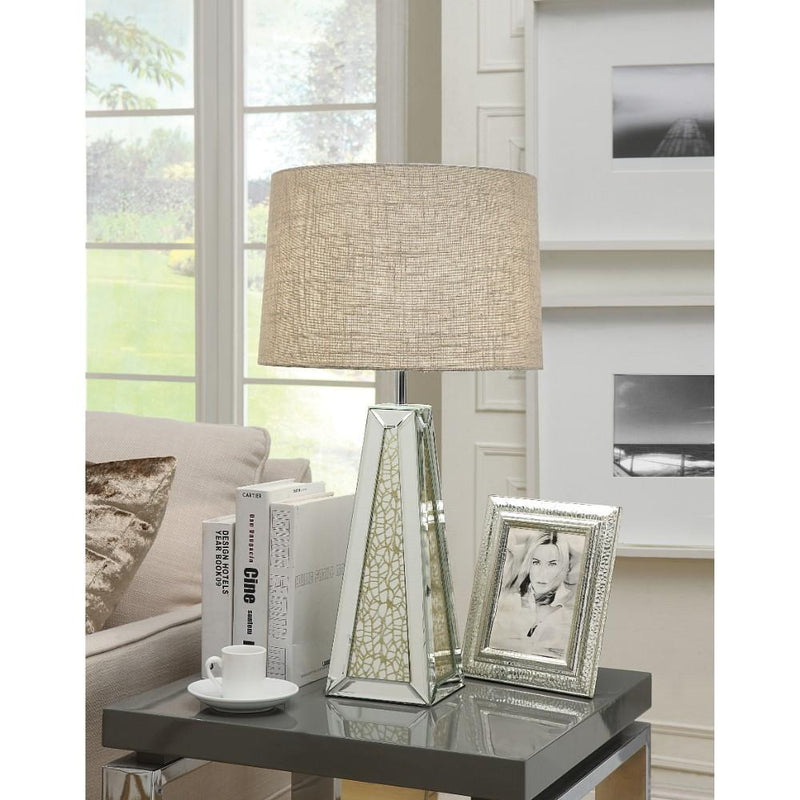 Contemporary Metal and Mirror Table Lamp with Pyramid Base, Silver and Brown-Table & Desk Lamp-Silver and Brown-Metal, Fabric and Mirror-JadeMoghul Inc.
