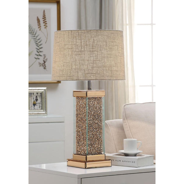 Contemporary Metal and Mirror Table Lamp with Rectangular Base, Gold and Brown-Table & Desk Lamp-Gold and Brown-Metal, Fabric and Mirror-JadeMoghul Inc.