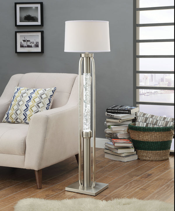 Contemporary Metal Floor Lamp with Fabric Drum Shade and LED Glass Cylinder, Silver and White-Floor Lamp-Silver and White-Metal, Glass and Fabric-JadeMoghul Inc.