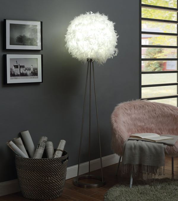 Contemporary Metal Floor Lamp with Round Shaped Feather Shade, Silver and White-Floor Lamp-Silver and White-Metal and Feather Fabric-JadeMoghul Inc.