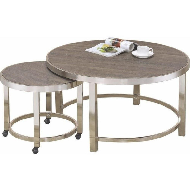 Contemporary Metal Frame and Wooden Coffee Table, Pack of Two, Brown and Silver-Coffee Tables-Brown and Silver-Metal Wood Veneer and Engineered Wood-JadeMoghul Inc.