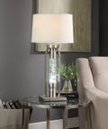 Contemporary Metal Table Lamp with Fabric Drum Shade and LED Glass Cylinder, Silver and White-Table & Desk Lamp-Silver and White-Metal, Glass and Fabric-JadeMoghul Inc.