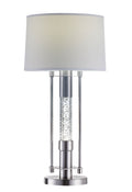 Contemporary Metal Table Lamp with Fabric Drum Shade, Silver and White-Table & Desk Lamps-Silver and White-Metal, Glass and Fabric-JadeMoghul Inc.