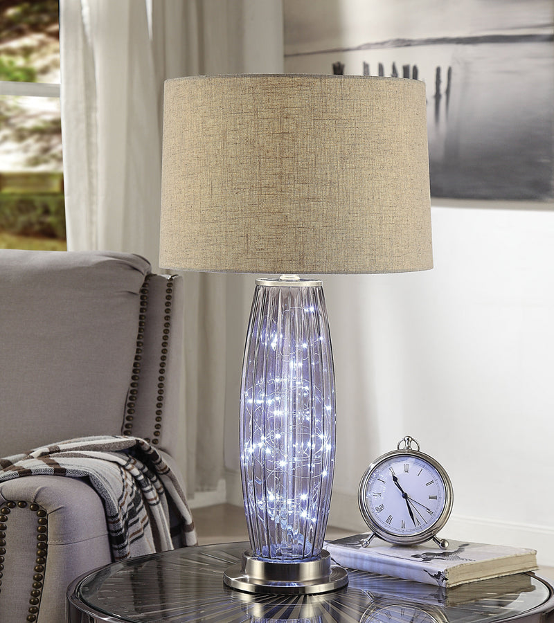 Contemporary Metal Table Lamp with Linen Drum Shade and LED Glass Panels, Silver and Beige-Table & Desk Lamp-Silver and Beige-Glass, Metal, and Linen Fabric-JadeMoghul Inc.
