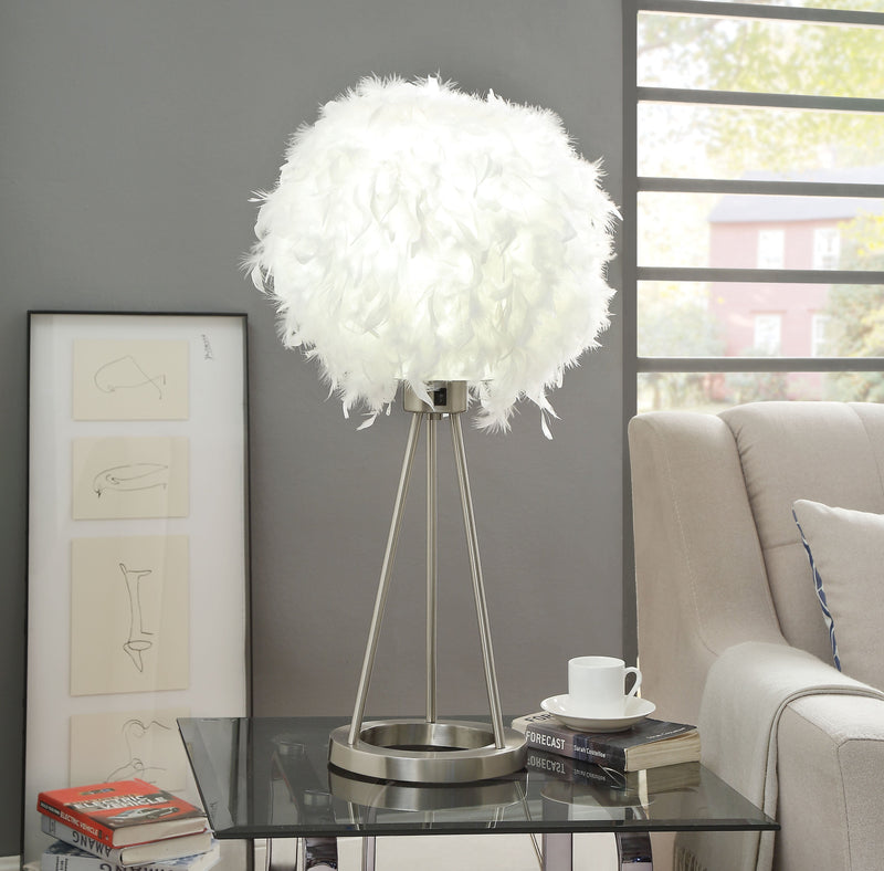 Contemporary Metal Table Lamp with Round Shaped Feather Shade, Silver and White-Table & Desk Lamp-Silver and White-Metal and Feather Fabric-JadeMoghul Inc.