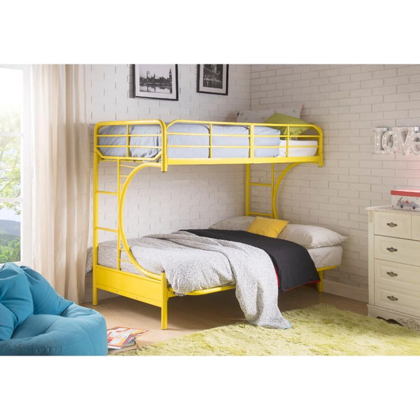 Contemporary Metal Twin Over Full Futon Bunk Bed with 2 Side Ladders, Yellow-Bedroom Furniture-Yellow-Metal-JadeMoghul Inc.