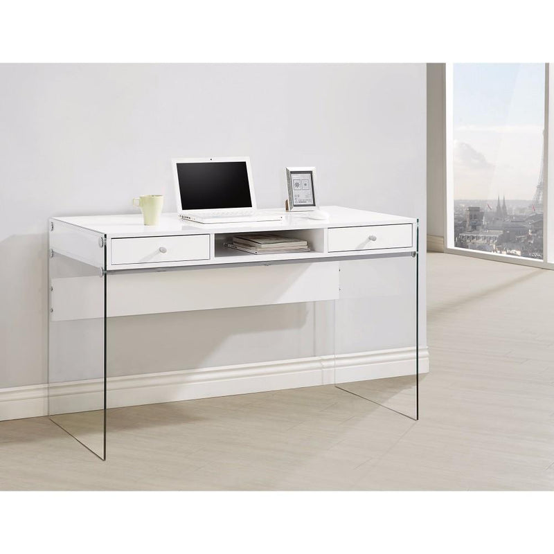 Contemporary Metal Writing Desk with Glass Sides, Clear And White-Desks and Hutches-Clear And White-Metal-JadeMoghul Inc.