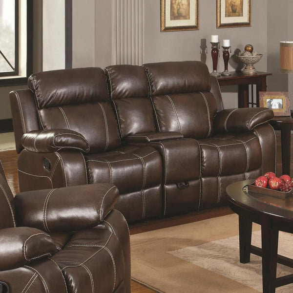 Contemporary Plush Bonded Leather Motion Loveseat With Console, Dark Brown-Living Room Furniture-Dark Brown-Bonded leather/Wood-JadeMoghul Inc.