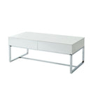 Contemporary Rectangular Coffee Table with Two Drawers and Metal Base, White and Silver-Coffee Tables-Silver-Wood and Metal-JadeMoghul Inc.