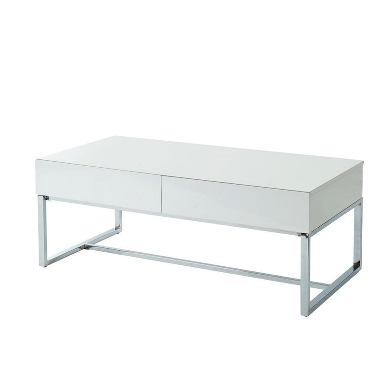 Contemporary Rectangular Coffee Table with Two Drawers and Metal Base, White and Silver-Coffee Tables-Silver-Wood and Metal-JadeMoghul Inc.