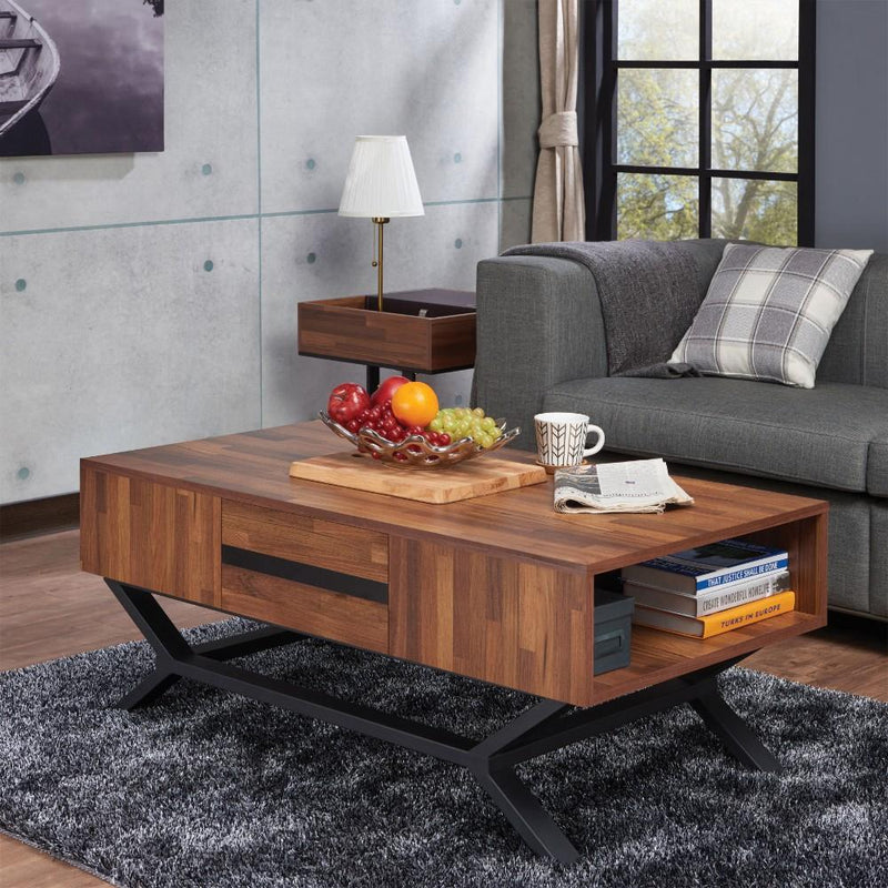 Contemporary Rectangular Wooden Coffee Table with Storage Drawers, Brown-Coffee Tables-Brown-Metal and Wood-JadeMoghul Inc.