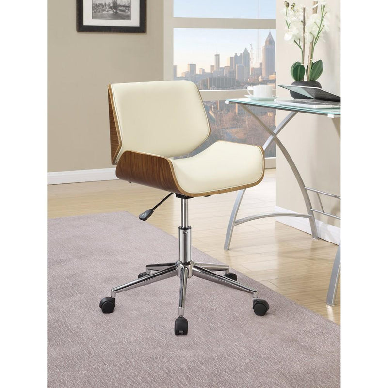 Contemporary Small-Back Home Office Chair, Beige/Walnut-Desks and Hutches-BEIGE/WALNUT-Upholstery Leather-JadeMoghul Inc.