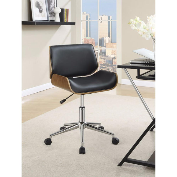 Contemporary Small-Back Home Office Chair, Black/Walnut-Desks and Hutches-BLACK/WALNUT-Upholstery Leather-JadeMoghul Inc.