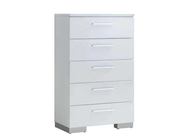 Contemporary Solid Wood Chest With Five Drawers, Glossy White-Cabinet and Storage chests-White-Solid Wood and Metal-JadeMoghul Inc.