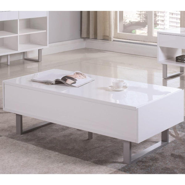 Contemporary Storage Coffee Table With Metallic Base, Glossy White-Coffee Tables-White-Wood/Metal-JadeMoghul Inc.