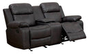 Contemporary Style Double Recliner Love Seat With Console and Cup Holders, Brown-Living Room Furniture-Brown-Leather-JadeMoghul Inc.