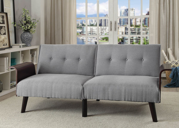 Contemporary Style Fabric Upholstered Tufted Futon Sofa with Wooden Tapered Legs, Gray-Living Room Furniture-Gray-Linen Like Fabric and Wood-JadeMoghul Inc.