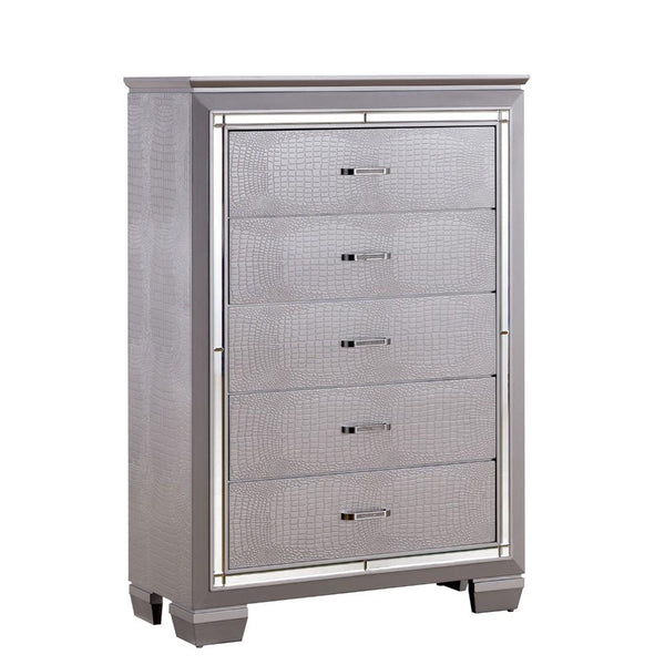 Contemporary Style Five Drawer Wooden Chest, Silver-Cabinet and Storage chests-Silver-Wood-JadeMoghul Inc.