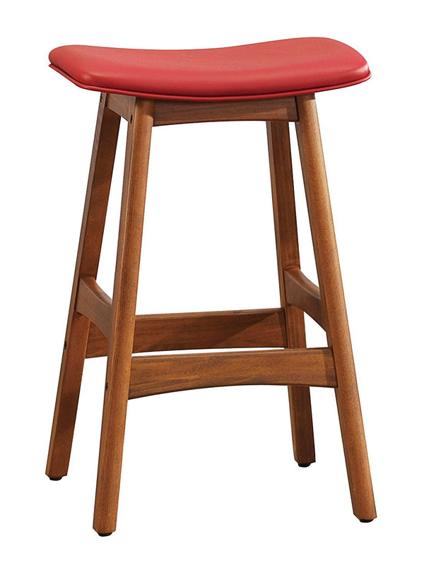 Contemporary Style Leather Upholstered Wooden Counter Height Stool, Red and Brown