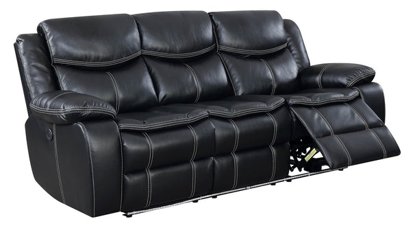 Contemporary Style Leatherette Upholstered Metal Recliner Sofa with Built in LEDs, Black-Living Room Furniture-Black-Leather-JadeMoghul Inc.