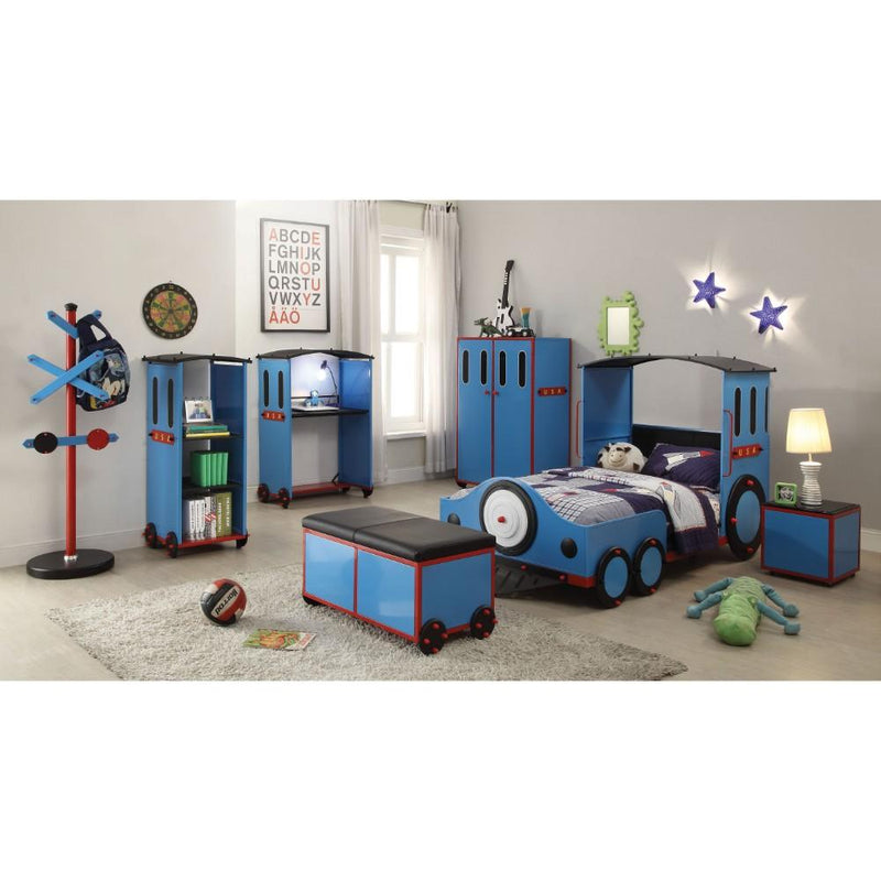 Contemporary Style Metal and Leatherette Bed with Train Design Twin Bed, Blue-Bedroom Furniture-Blue-Metal and Polyurethane-JadeMoghul Inc.