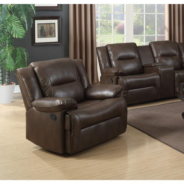 Contemporary Style Metal and Leatherette Glider Recliner , Brown-Living Room Furniture-Brown-Leather Aire Match and Metal-JadeMoghul Inc.