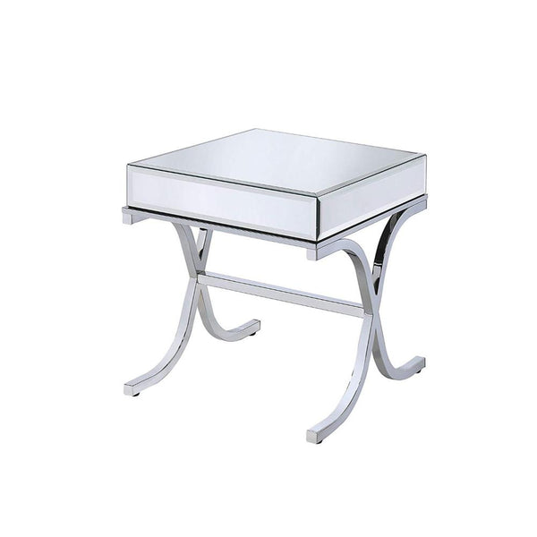 Contemporary Style Metal and Mirror Square End Table, Silver-Side and End Tables-Silver-Metal and Mirror-JadeMoghul Inc.