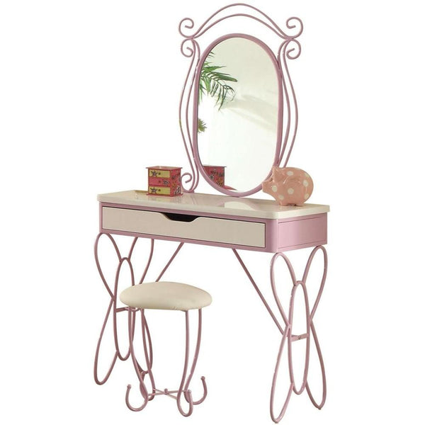 Contemporary Style Metal and Wood Vanity Set, White and Purple-Bedroom Furniture-White and Purple-Metal MirrorPolyurethaneWood-JadeMoghul Inc.