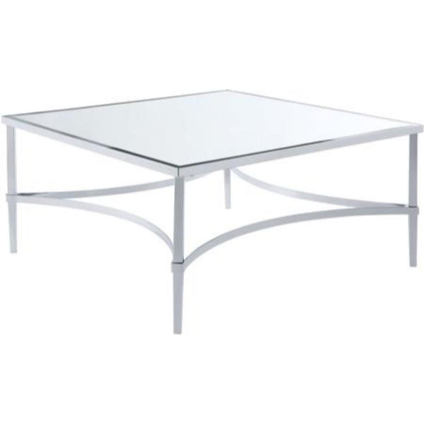 Contemporary Style Metal Coffee Table with Mirrored Glass Top, Silver-Coffee Tables-Silver-Metal and Mirror-JadeMoghul Inc.