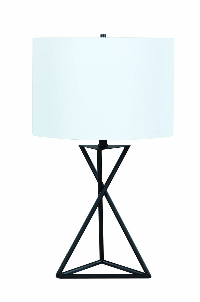 Contemporary Style Metal Table Lamp with Drum Shape Fabric Shade, White and Black-Table & Desk Lamp-White and Black-Metal and Fabric-JadeMoghul Inc.