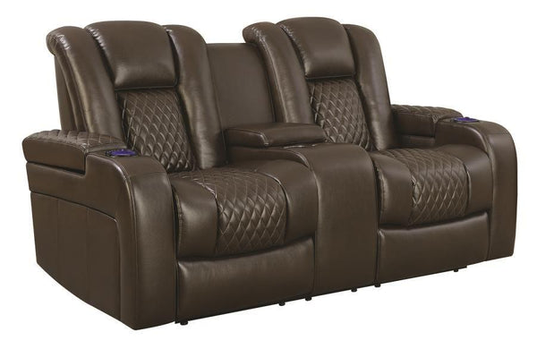 Contemporary Style Padded Plush Leatherette Power Motion Loveseat, Dark Brown-Living Room Furniture-Dark Brown-Faux Leather/Wood-JadeMoghul Inc.